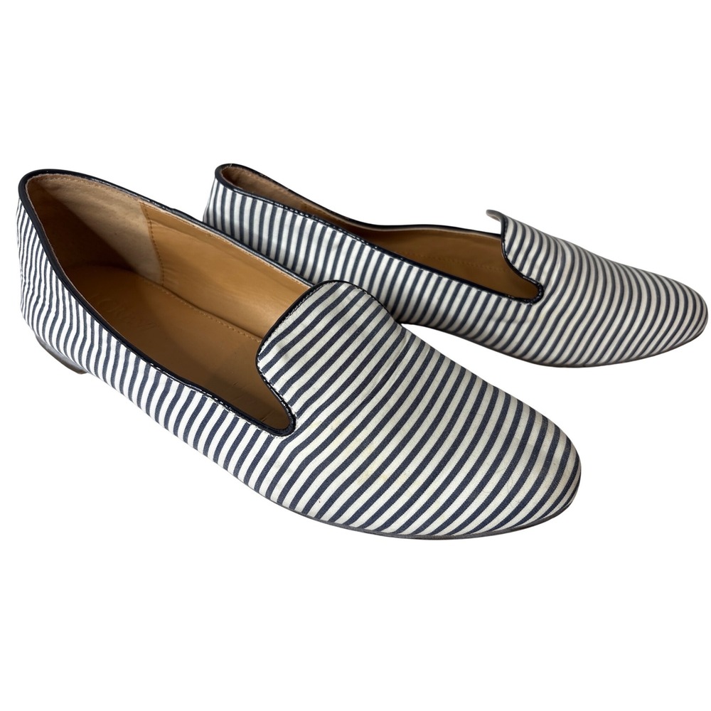 J.Crew Navy Blue Stripe Canvas Smoking Slipper Flats 7.5 Nautical Coastal SlipOn